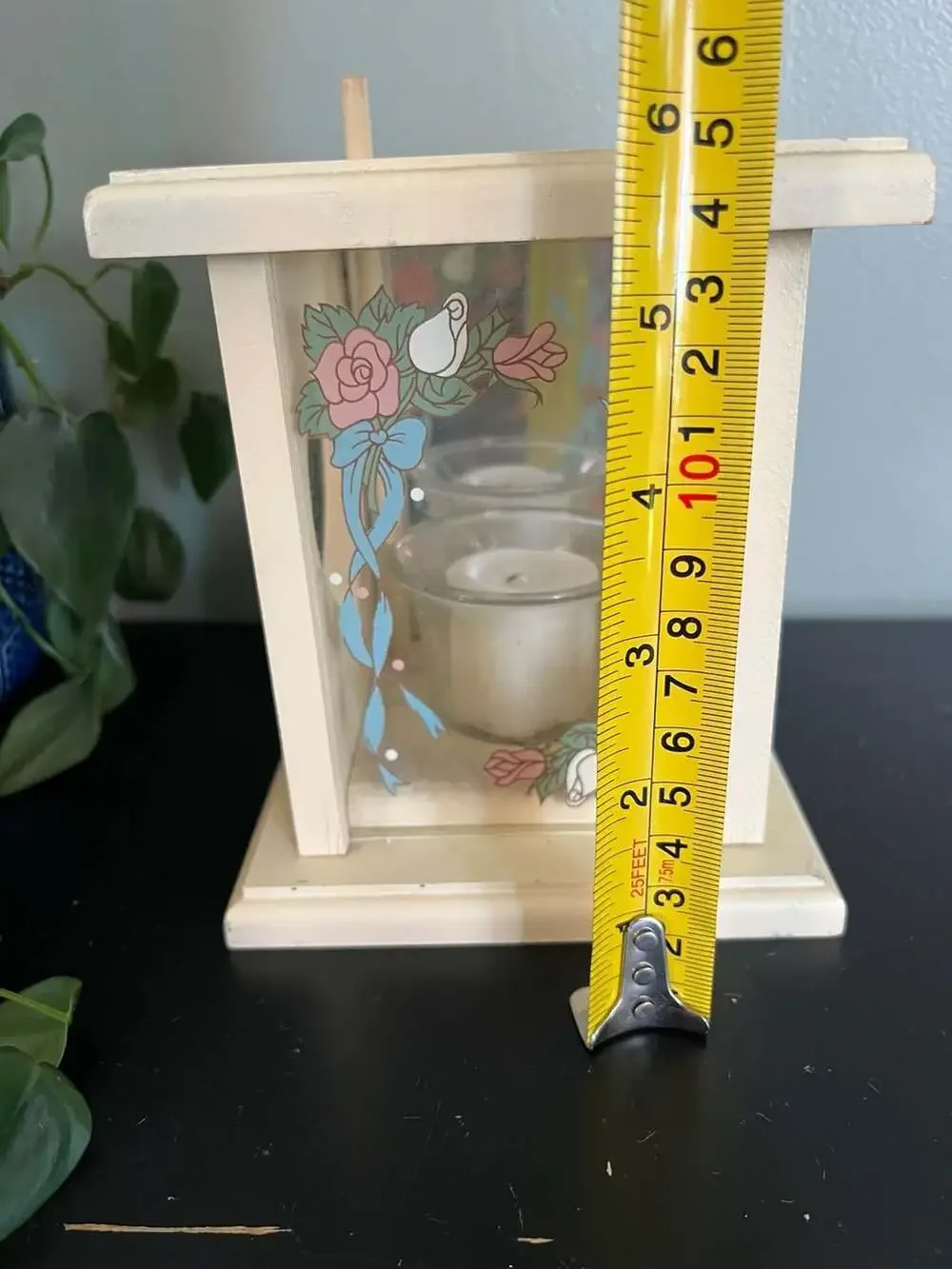 Vintage Country Core Wood Votive Candle Holder with Heart Cutouts and Floral Gla